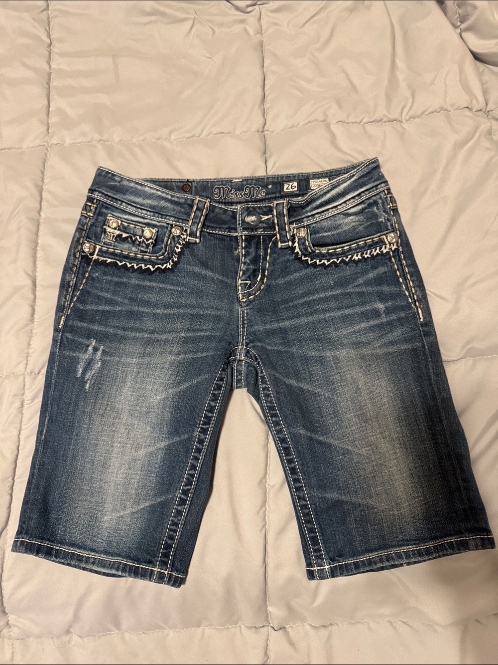 Miss Me Blue Embroidered Stretch Denim Bermuda Shorts